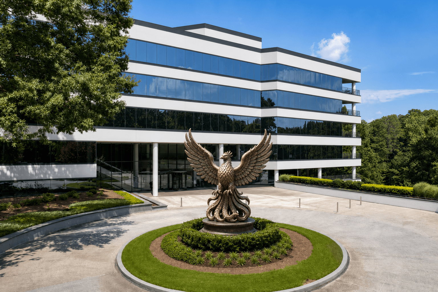 Risen Phoenix Trade Center exterior with bronze phoenix statue